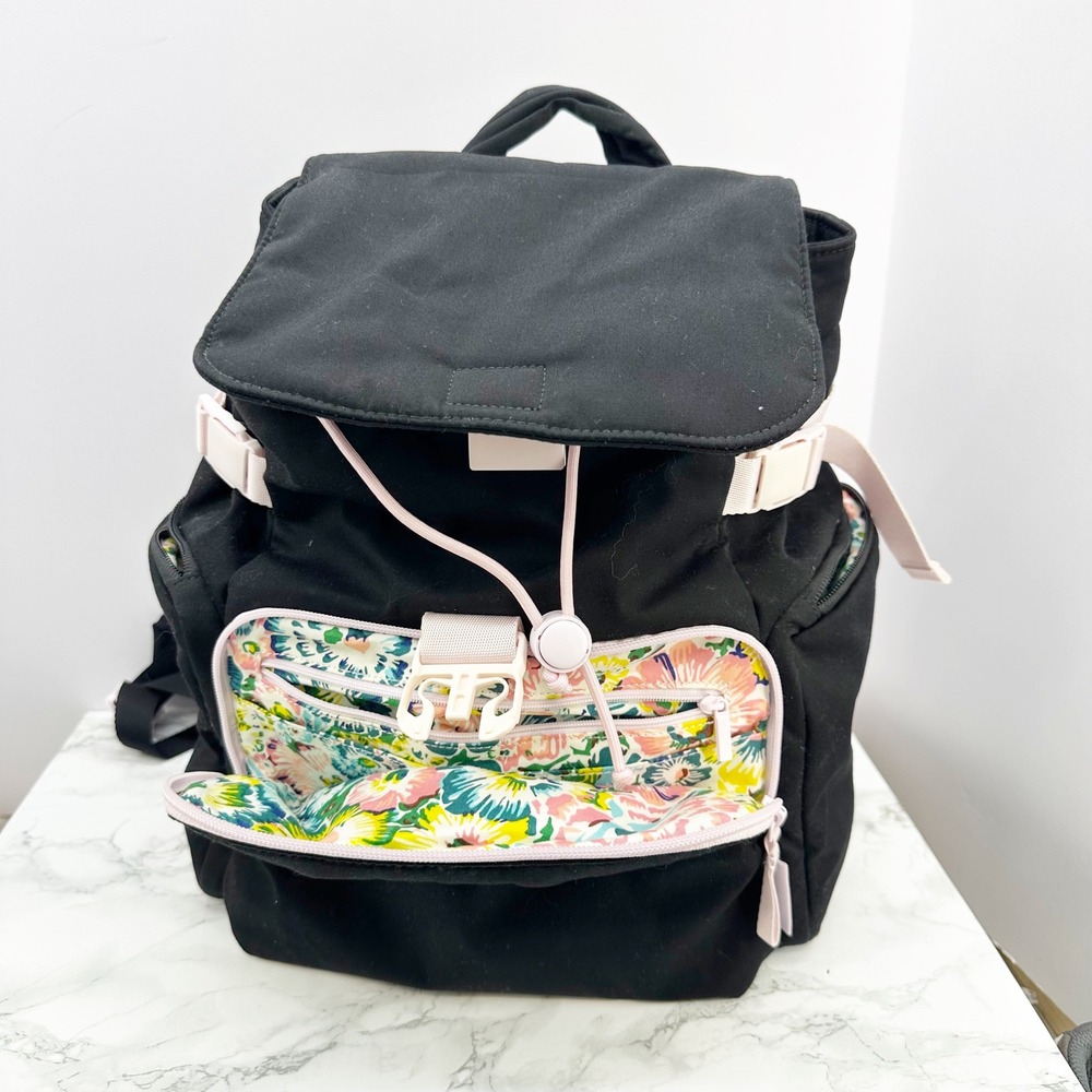 Vera Bradley Lana Condor Black Canvas Floral Lining Utility‎ Backpack Preppy